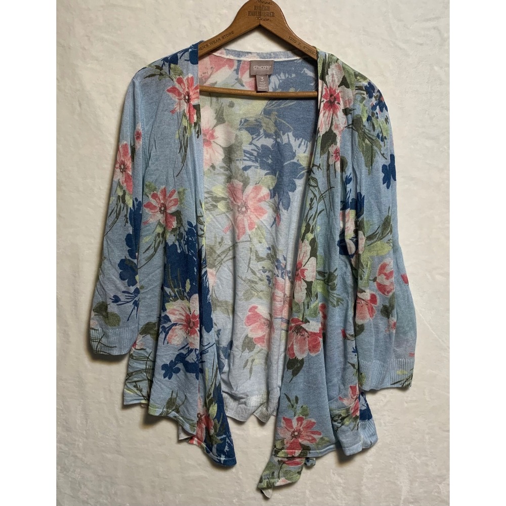 Chicos Womens 3 Cardigan Lightweight Floral Print Blue‎ Pink Open Front Sweater